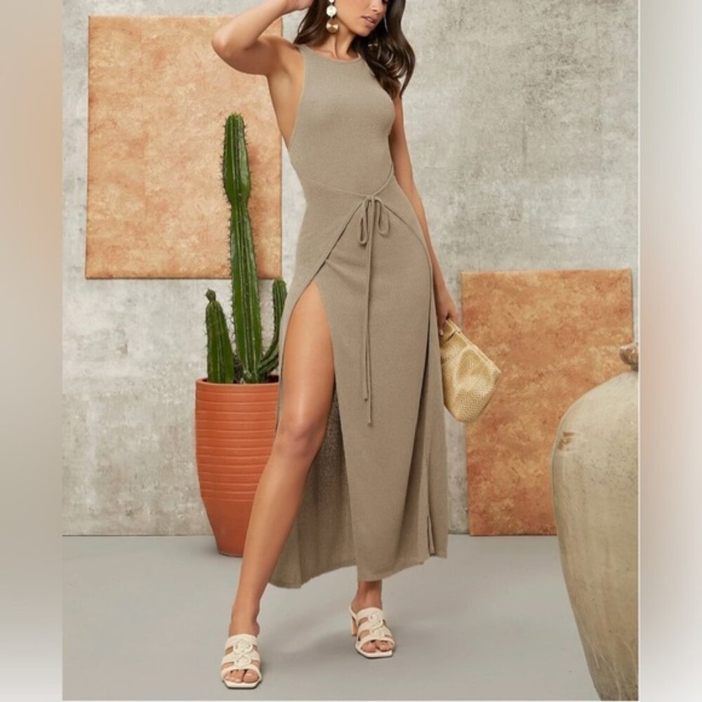 Khaki Sexy Tie Front Split Thigh Dress